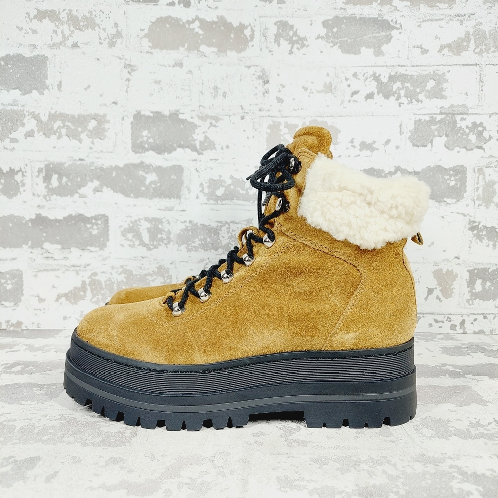 New Marc Fisher Pierson Hiking/Moto Platform Tan Natural Warm Faux fur Boot V335